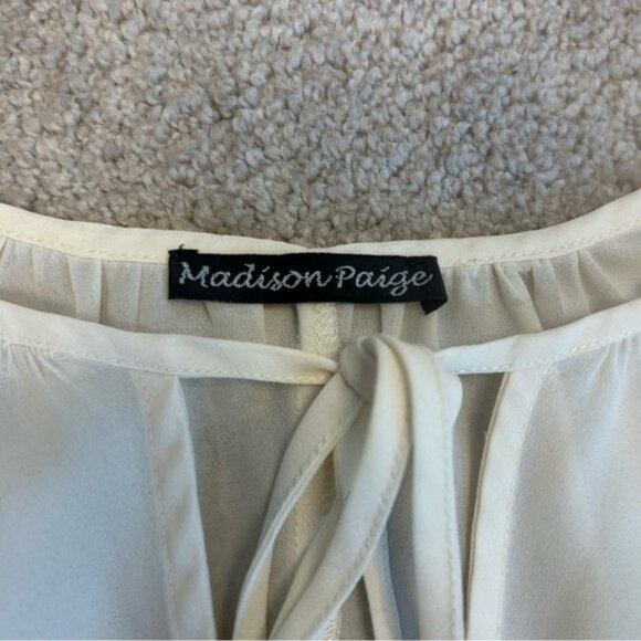 Madison Paige cream web sleeve bat wing front tie blouse semi sheer Sz L - Picture 12 of 15